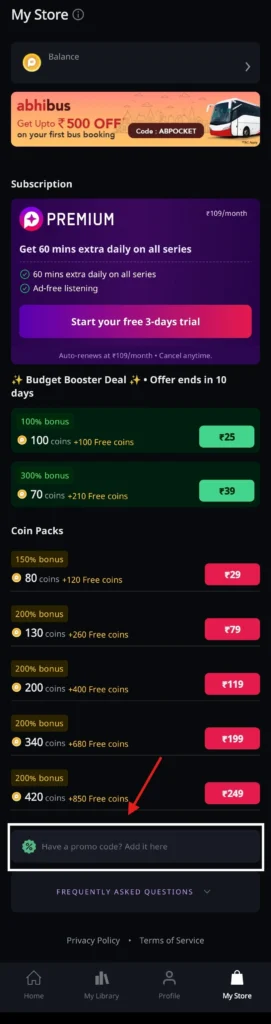 tap have a promo code section