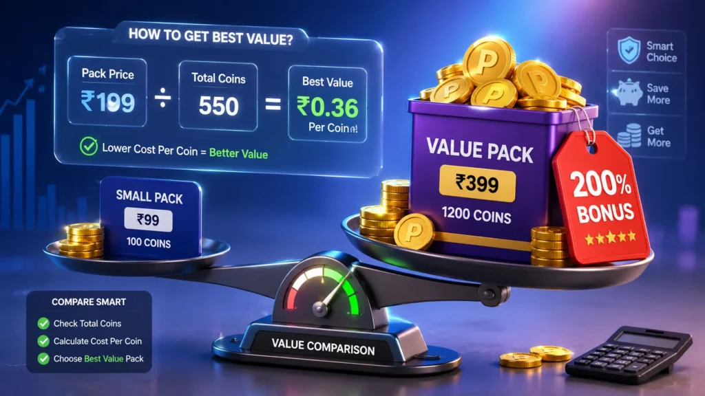 3D value comparison scale showing small Pocket FM coin pack and larger value pack with 200% bonus coins and cost per coin formula
