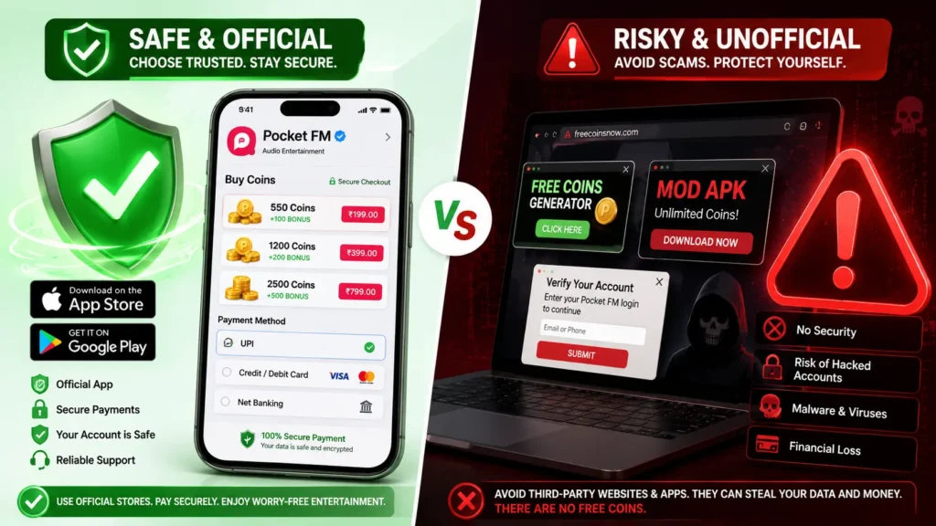 Split-screen safety infographic showing official Pocket FM app store checkout protected by green shield versus risky free coins generator and mod APK scam warnings