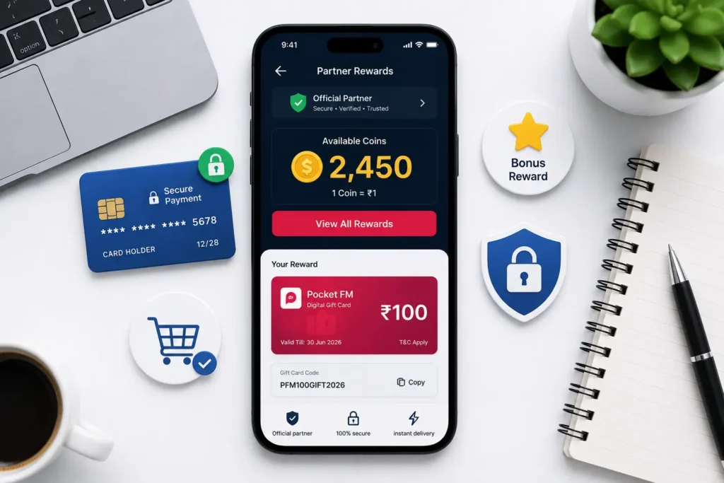 Smartphone showing official partner rewards screen with coin balance, Pocket FM digital gift card, secure payment card, shopping cart, and bonus reward icons